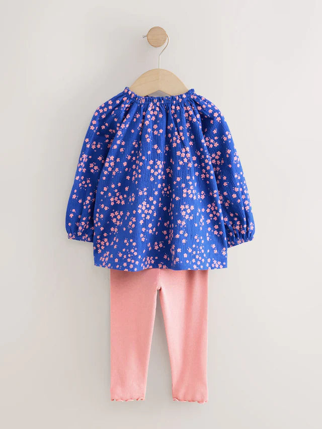 |Girl| Conjunto De Blusa e Leggings De Manga Comprida Com Estampa Floral Azul (3 meses a 7 anos)