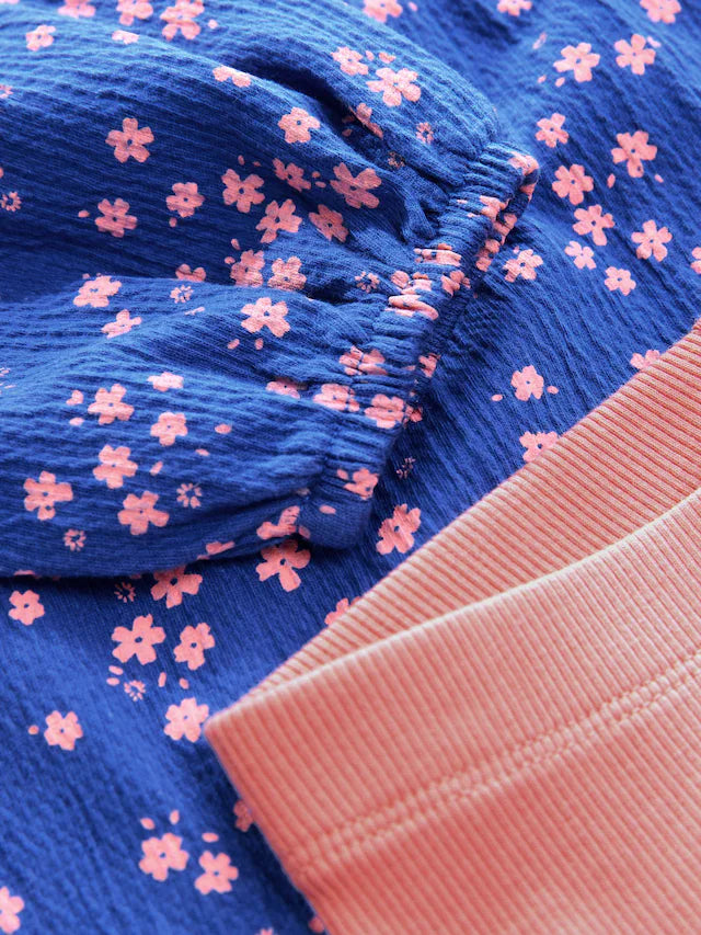 |Girl| Conjunto De Blusa e Leggings De Manga Comprida Com Estampa Floral Azul (3 meses a 7 anos)