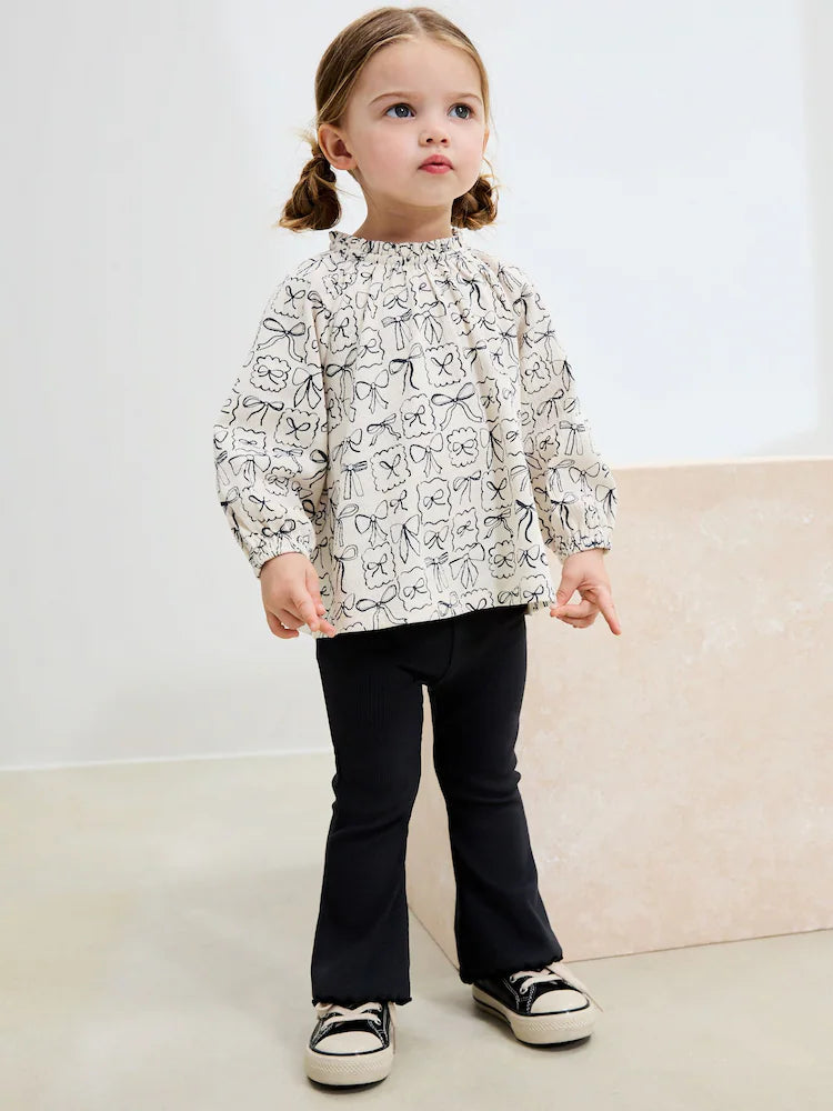 |Girl| Conjunto De Blusa e Leggings De Manga Comprida Com Laços Pretos e Brancos (3 meses a 7 anos)