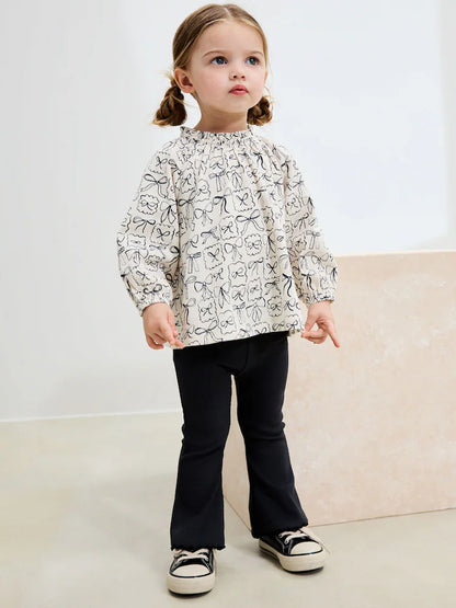 |Girl| Conjunto De Blusa e Leggings De Manga Comprida Com Laços Pretos e Brancos (3 meses a 7 anos)