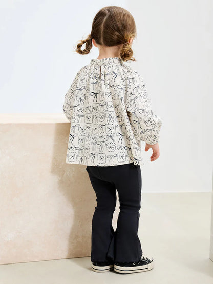 |Girl| Conjunto De Blusa e Leggings De Manga Comprida Com Laços Pretos e Brancos (3 meses a 7 anos)