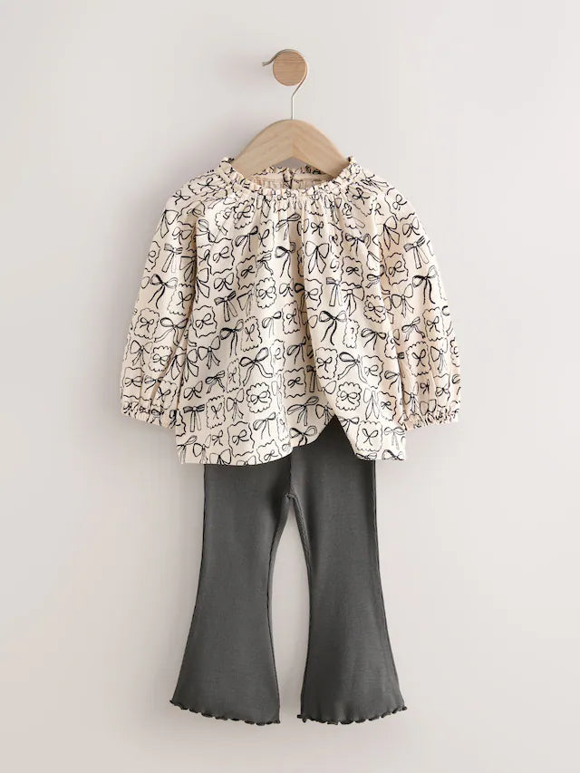 |Girl| Conjunto De Blusa e Leggings De Manga Comprida Com Laços Pretos e Brancos (3 meses a 7 anos)