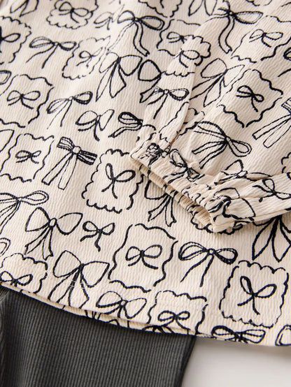 |Girl| Conjunto De Blusa e Leggings De Manga Comprida Com Laços Pretos e Brancos (3 meses a 7 anos)