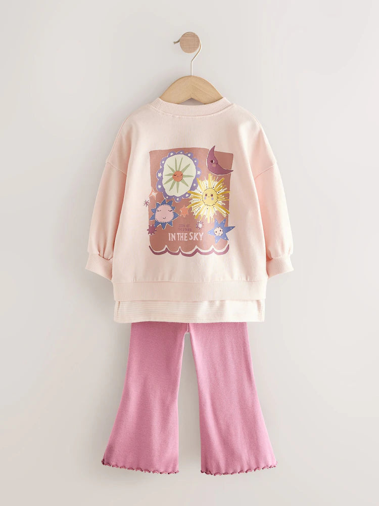 |Girl| Conjunto De Blusa e Calça Flare Pink Stars (3 meses a 7 anos)