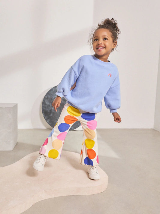 |Girl| Conjunto De Blusa e Calça Flare Com Bolinhas Azuis Do Arco-íris (3 meses a 7 anos)