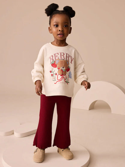 |Girl| Conjunto De Blusa e Calça Flare Com Estampa De Urso Vermelho Berry (3 meses a 7 anos)