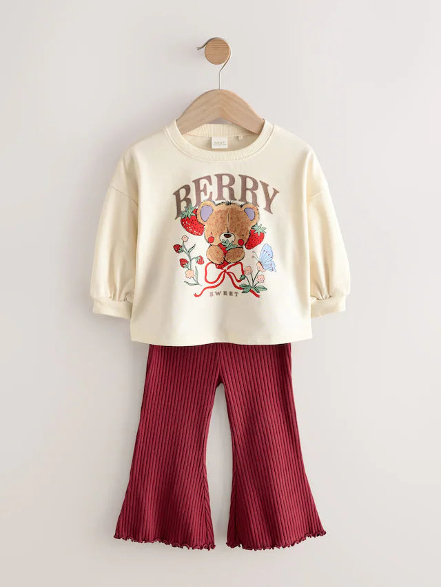 |Girl| Conjunto De Blusa e Calça Flare Com Estampa De Urso Vermelho Berry (3 meses a 7 anos)