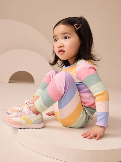 |Girl| Leggings Caneladas Com Listras Arco-íris (3 meses a 7 anos)