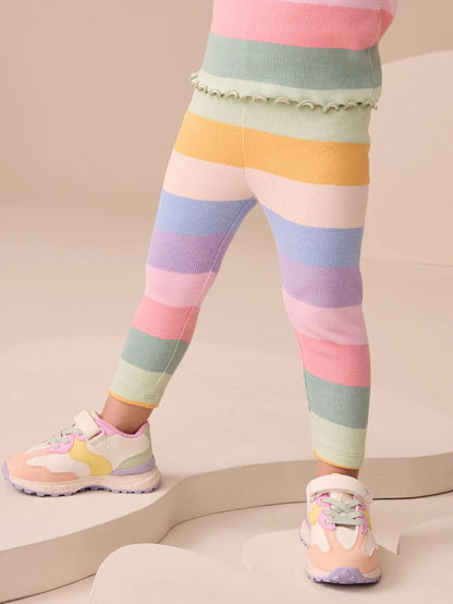 |Girl| Leggings Caneladas Com Listras Arco-íris (3 meses a 7 anos)