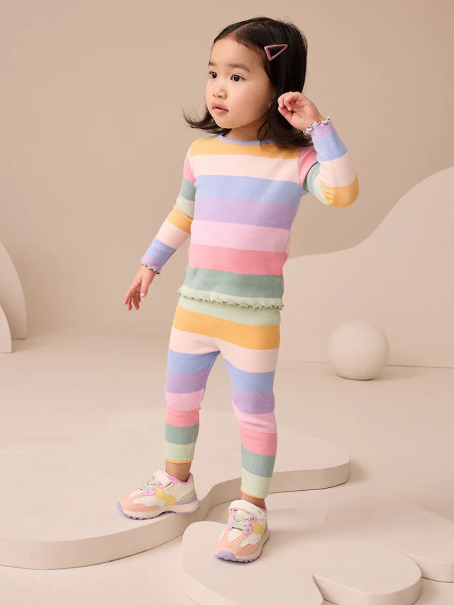 |Girl| Leggings Caneladas Com Listras Arco-íris (3 meses a 7 anos)