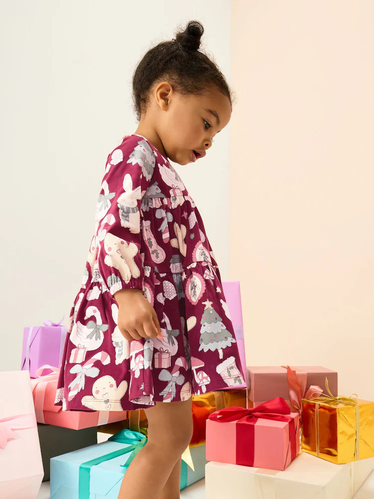 |Girl| Vestido Vermelho De Natal Com Manga Comprida e Camadas (3 meses a 7 anos)