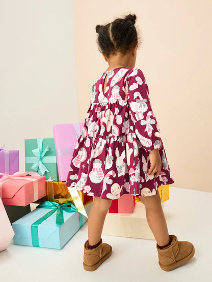 |Girl| Vestido Vermelho De Natal Com Manga Comprida e Camadas (3 meses a 7 anos)