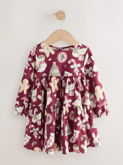 |Girl| Vestido Vermelho De Natal Com Manga Comprida e Camadas (3 meses a 7 anos)