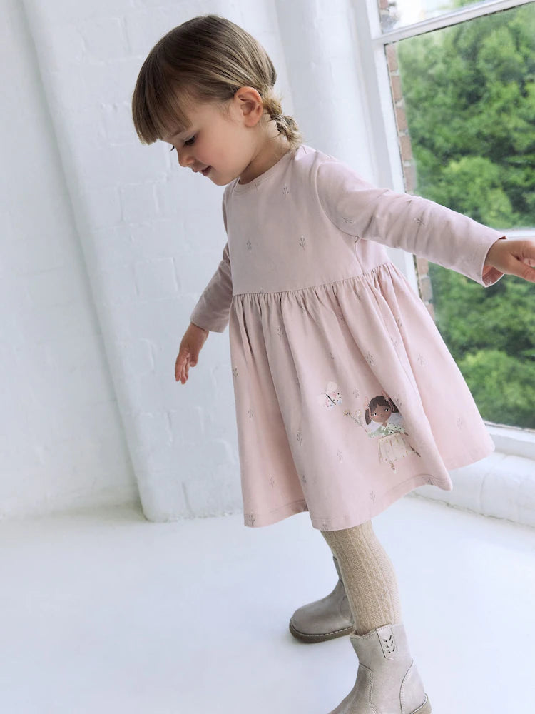 |Girl| Vestido De Manga Comprida Com Enfeites Pink Fairy (3 meses a 7 anos)