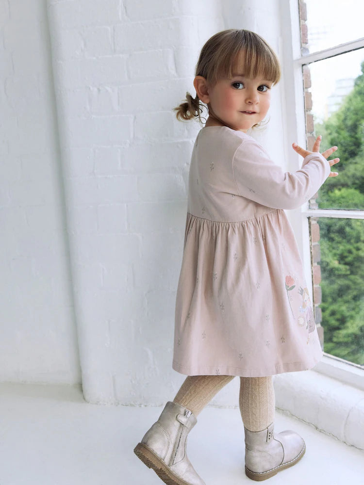 |Girl| Vestido De Manga Comprida Com Enfeites Pink Fairy (3 meses a 7 anos)