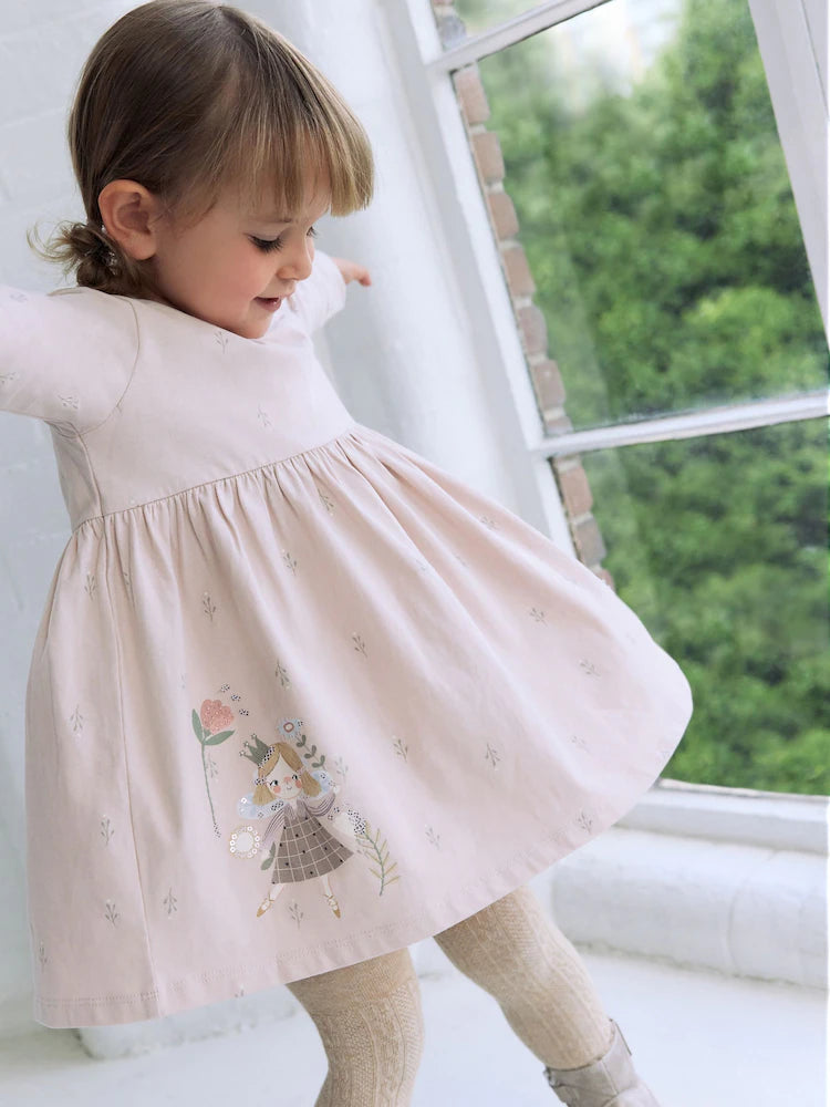 |Girl| Vestido De Manga Comprida Com Enfeites Pink Fairy (3 meses a 7 anos)