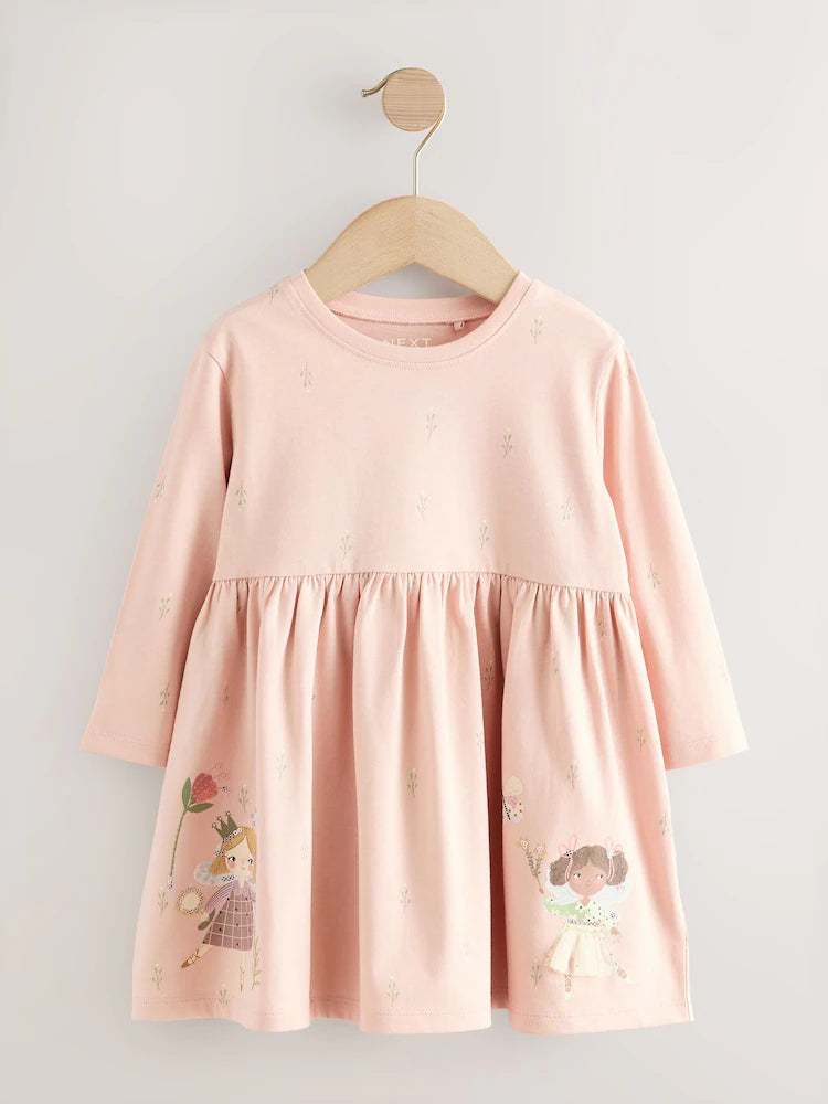 |Girl| Vestido De Manga Comprida Com Enfeites Pink Fairy (3 meses a 7 anos)
