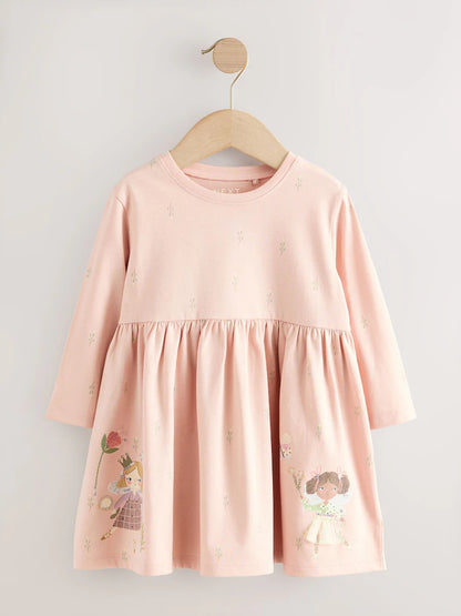 |Girl| Vestido De Manga Comprida Com Enfeites Pink Fairy (3 meses a 7 anos)