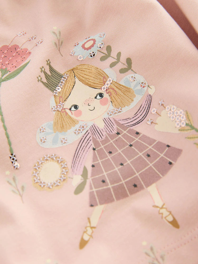 |Girl| Vestido De Manga Comprida Com Enfeites Pink Fairy (3 meses a 7 anos)
