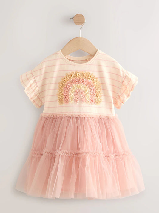 |Girl| Vestido De Festa De Malha Com Manga Curta Arco-íris Rosa (3 meses a 7 anos)