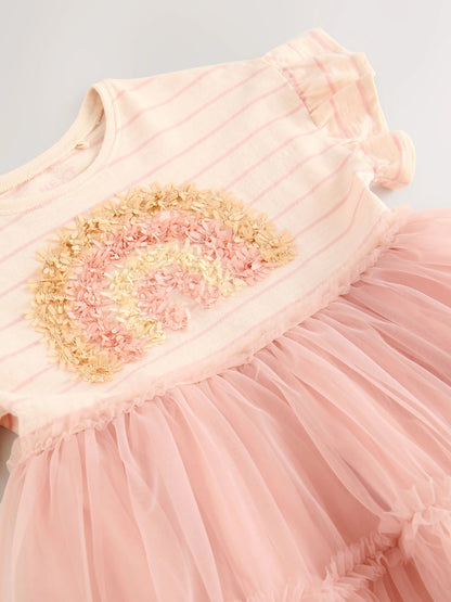 |Girl| Vestido De Festa De Malha Com Manga Curta Arco-íris Rosa (3 meses a 7 anos)