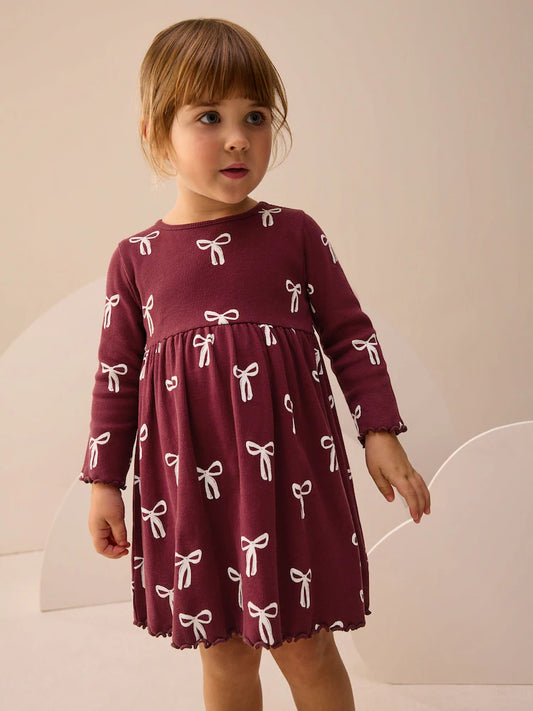 |Girl| Vestido Canelado De Manga Comprida Cor De Vinho (3 meses a 7 anos)