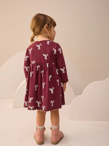|Girl| Vestido Canelado De Manga Comprida Cor De Vinho (3 meses a 7 anos)