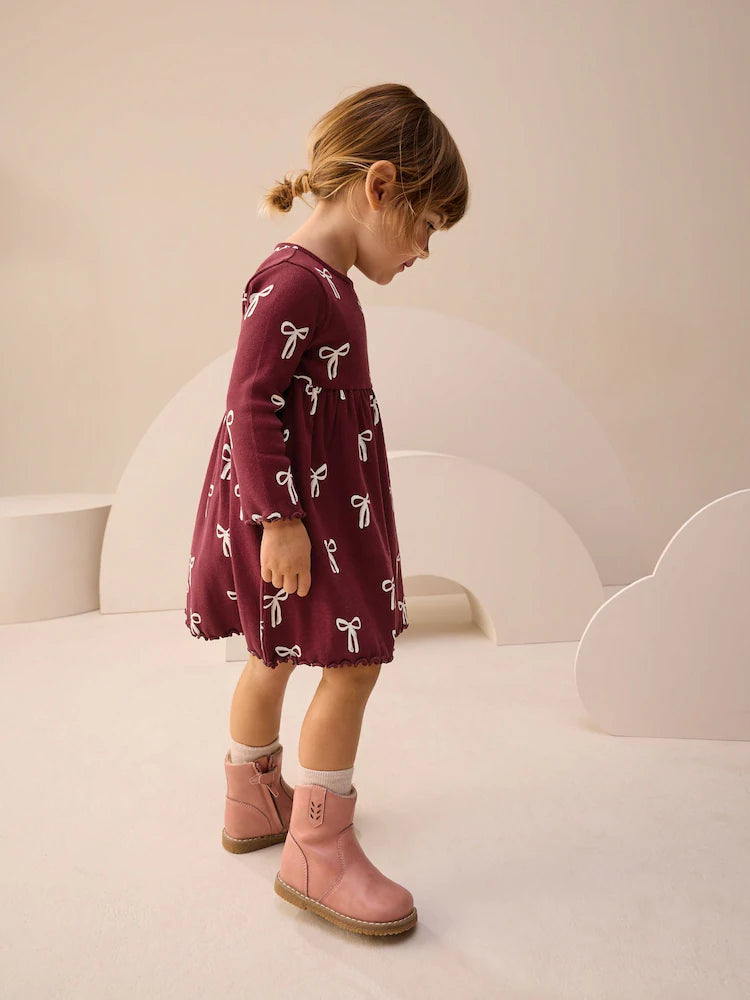 |Girl| Vestido Canelado De Manga Comprida Cor De Vinho (3 meses a 7 anos)