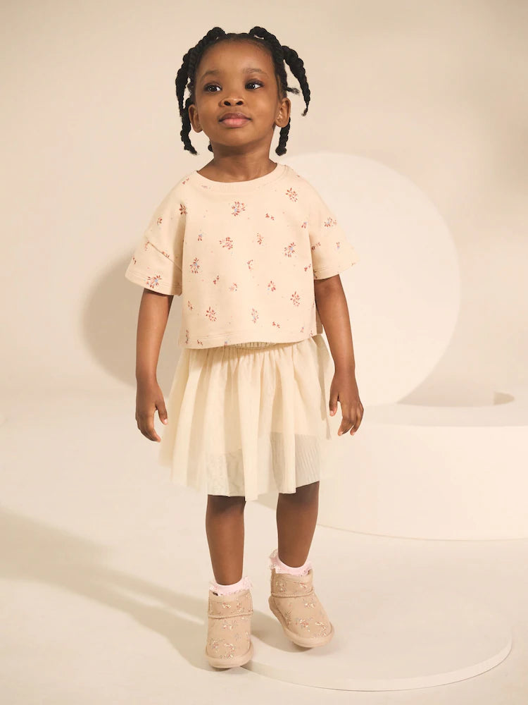 |Girl| Conjunto De Blusa e Saia De Manga Curta Com Estampa Floral Creme (3 meses a 7 anos)