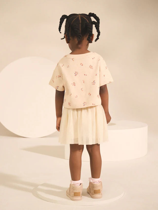 |Girl| Conjunto De Blusa e Saia De Manga Curta Com Estampa Floral Creme (3 meses a 7 anos)