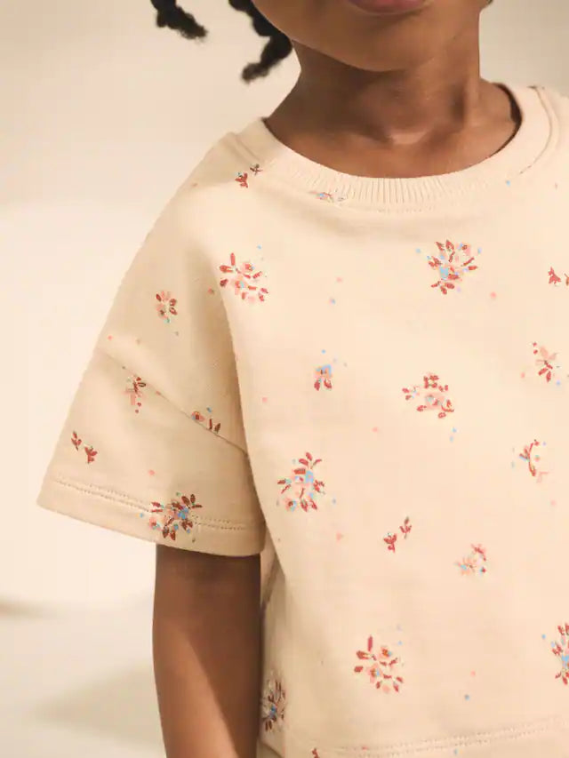 |Girl| Conjunto De Blusa e Saia De Manga Curta Com Estampa Floral Creme (3 meses a 7 anos)