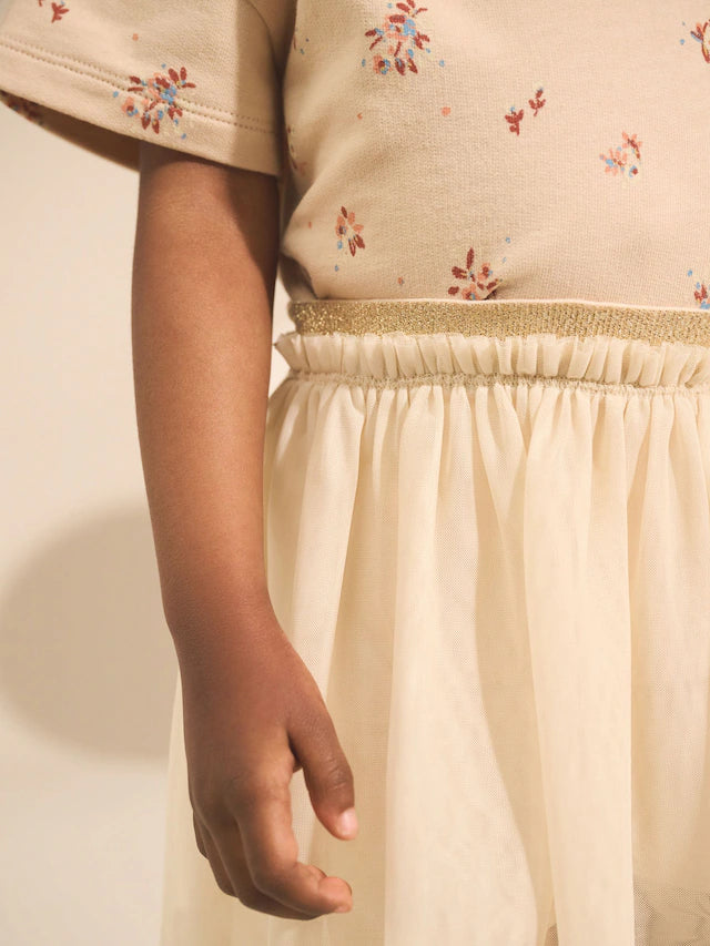 |Girl| Conjunto De Blusa e Saia De Manga Curta Com Estampa Floral Creme (3 meses a 7 anos)