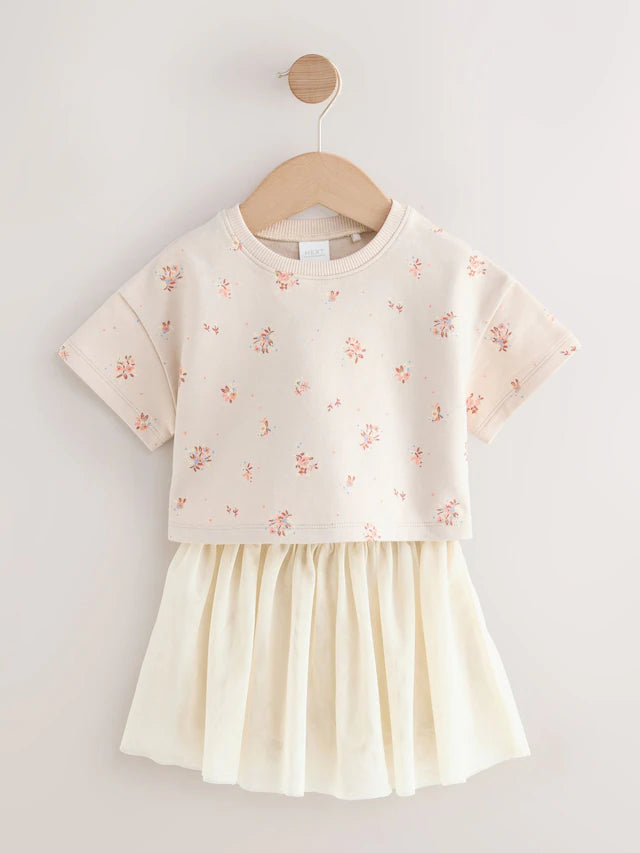 |Girl| Conjunto De Blusa e Saia De Manga Curta Com Estampa Floral Creme (3 meses a 7 anos)