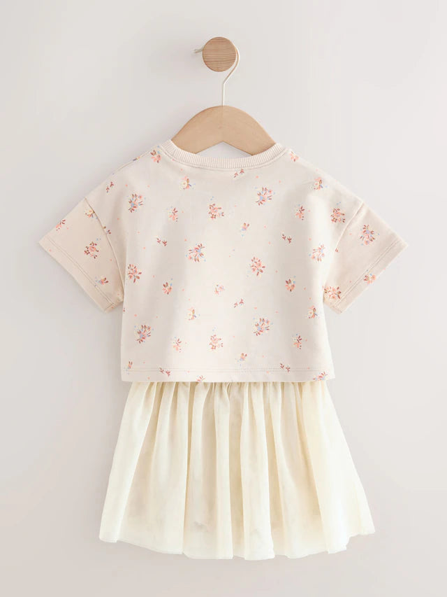 |Girl| Conjunto De Blusa e Saia De Manga Curta Com Estampa Floral Creme (3 meses a 7 anos)