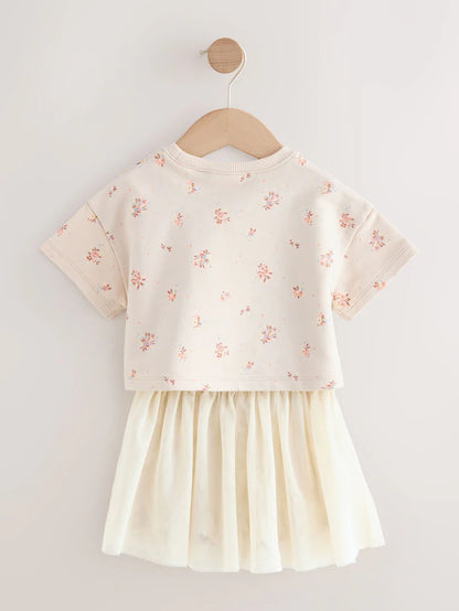 |Girl| Conjunto De Blusa e Saia De Manga Curta Com Estampa Floral Creme (3 meses a 7 anos)