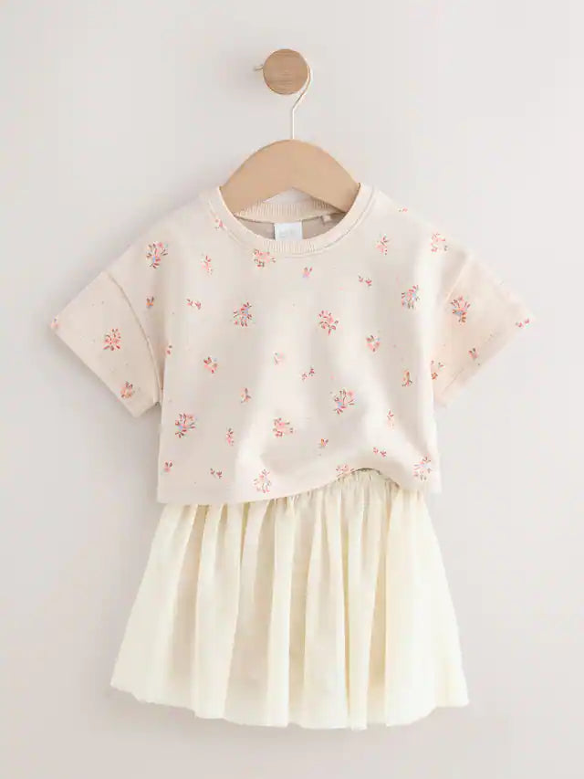 |Girl| Conjunto De Blusa e Saia De Manga Curta Com Estampa Floral Creme (3 meses a 7 anos)