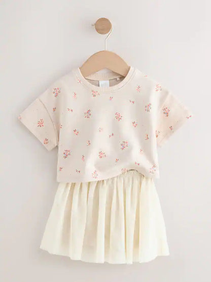 |Girl| Conjunto De Blusa e Saia De Manga Curta Com Estampa Floral Creme (3 meses a 7 anos)