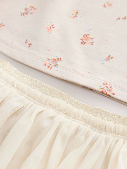 |Girl| Conjunto De Blusa e Saia De Manga Curta Com Estampa Floral Creme (3 meses a 7 anos)