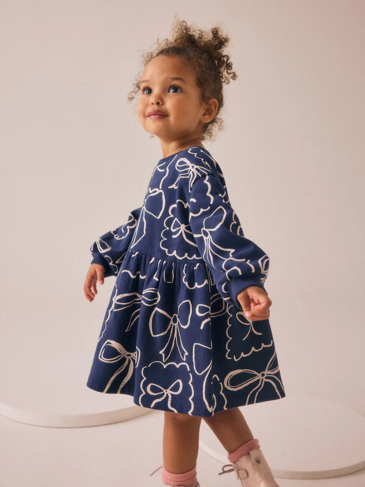 |Girl| Vestido De Moletom Com Laço Azul Marinho (3 meses a 7 anos)