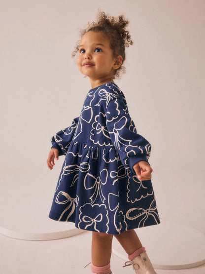 |Girl| Vestido De Moletom Com Laço Azul Marinho (3 meses a 7 anos)