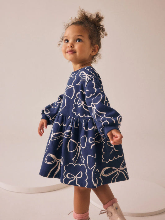 |Girl| Vestido De Moletom Com Laço Azul Marinho (3 meses a 7 anos)
