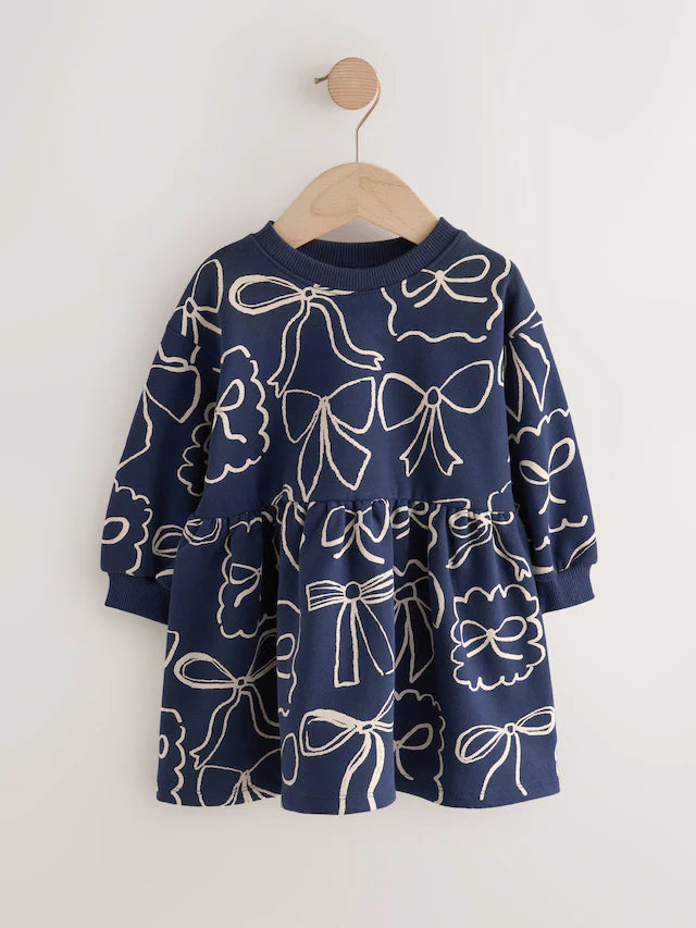 |Girl| Vestido De Moletom Com Laço Azul Marinho (3 meses a 7 anos)