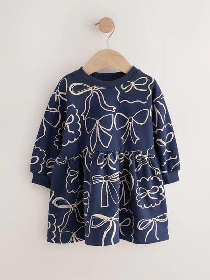 |Girl| Vestido De Moletom Com Laço Azul Marinho (3 meses a 7 anos)