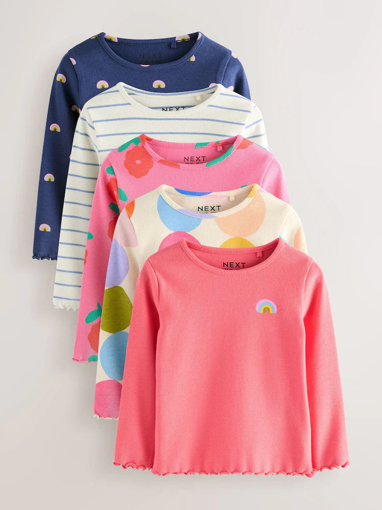 |Girl| Blusas Caneladas De Manga Comprida Rainbow Spot, Pacote Com 5 (3 meses a 7 anos)
