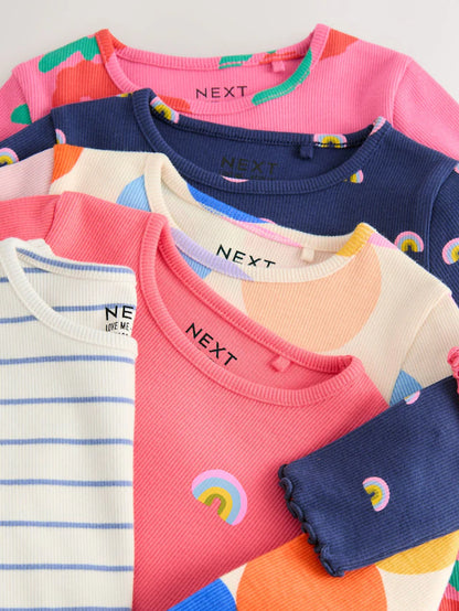 |Girl| Blusas Caneladas De Manga Comprida Rainbow Spot, Pacote Com 5 (3 meses a 7 anos)