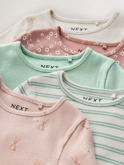 |Girl| Blusas Caneladas De Manga Comprida Neutras, Pacote Com 5 (3 meses a 7 anos)