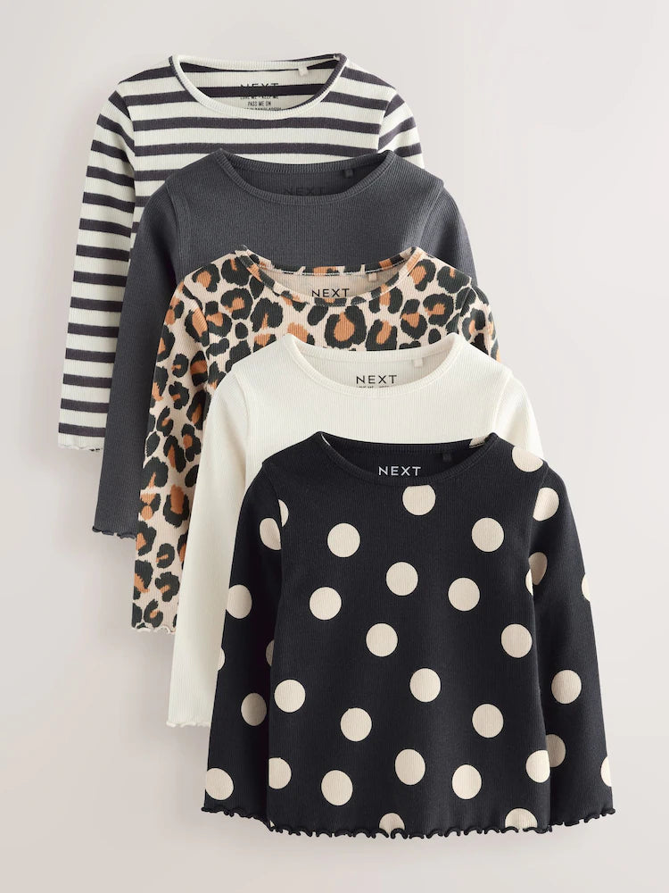 |Girl| Blusas Caneladas De Manga Comprida Pretas/Brancas, Pacote Com 5 (3 meses a 7 anos)