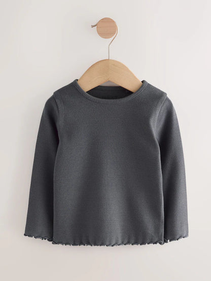 |Girl| Blusas Caneladas De Manga Comprida Pretas/Brancas, Pacote Com 5 (3 meses a 7 anos)