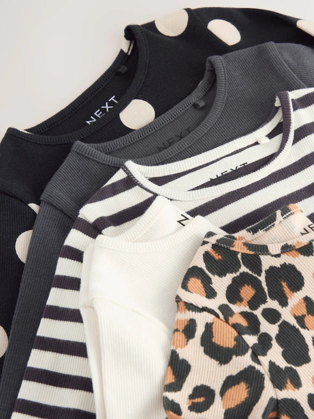 |Girl| Blusas Caneladas De Manga Comprida Pretas/Brancas, Pacote Com 5 (3 meses a 7 anos)