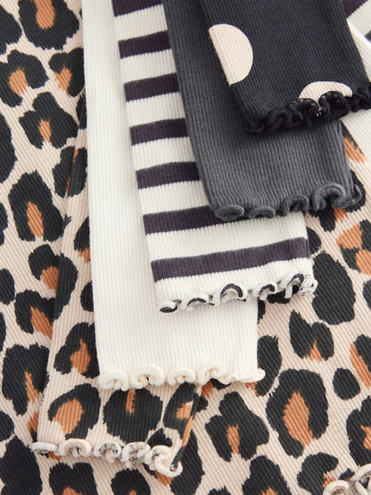 |Girl| Blusas Caneladas De Manga Comprida Pretas/Brancas, Pacote Com 5 (3 meses a 7 anos)